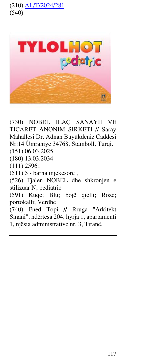 Zëri i markës Fjalen NOBEL dhe shkronjen e stilizuar N; pediatric në buletin