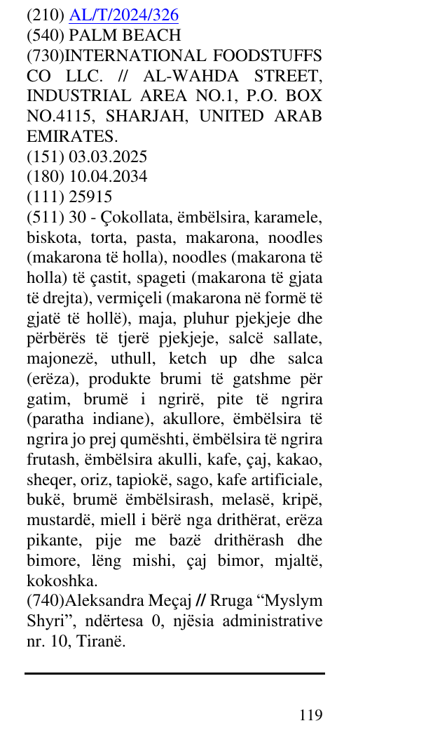 Zëri i markës PALM BEACH në buletin