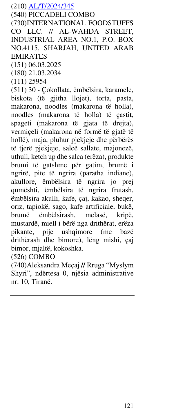 Zëri i markës PICCADELI COMBO në buletin