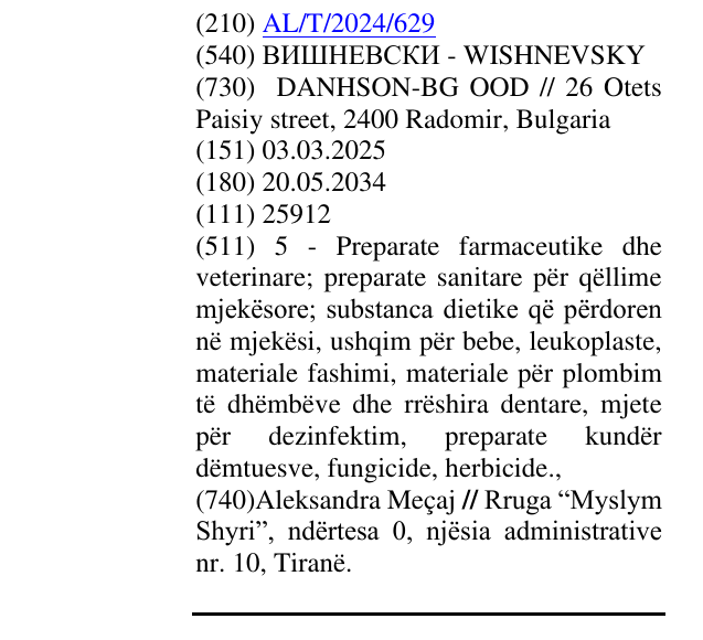 Zëri i markës ВИШНЕВСКИ - WISHNEVSKY në buletin