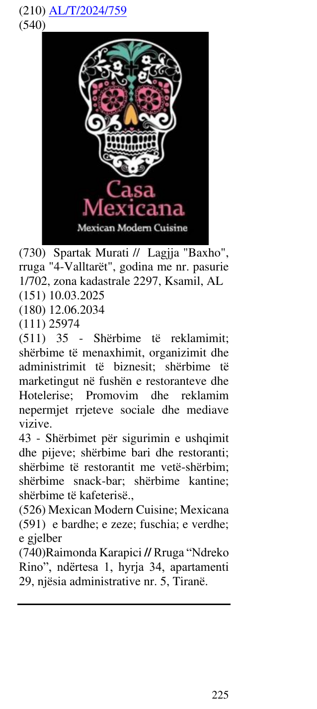 Zëri i markës Mexican Modern Cuisine; Mexicana në buletin