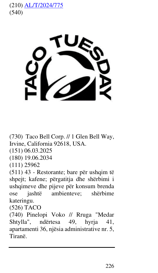 Zëri i markës TACO në buletin