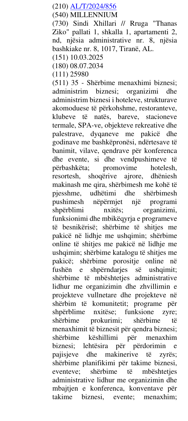 Zëri i markës MILLENNIUM në buletin