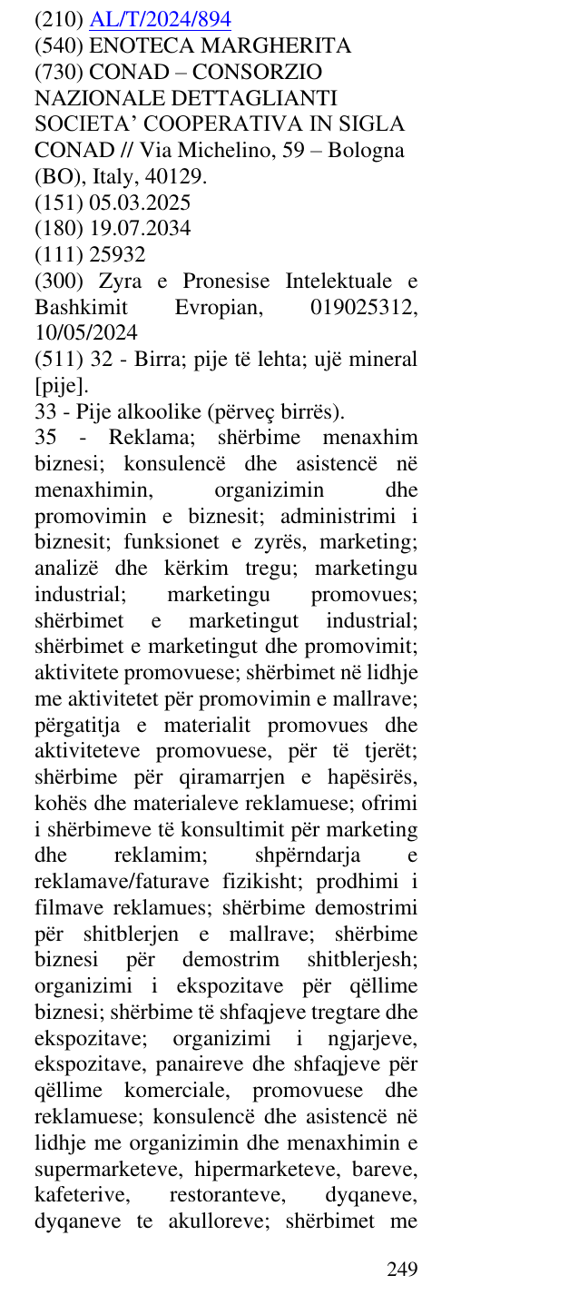 Zëri i markës ENOTECA MARGHERITA në buletin