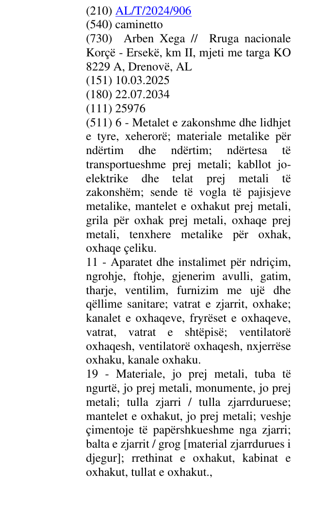 Zëri i markës caminetto në buletin