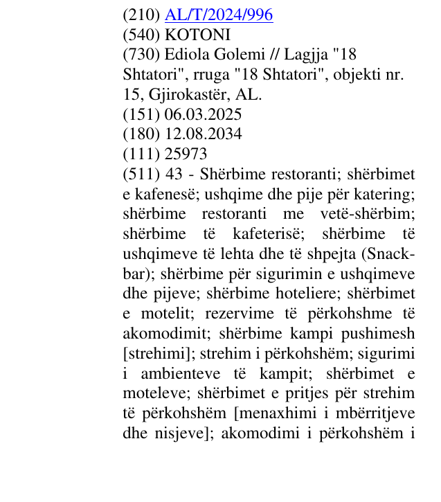 Zëri i markës KOTONI në buletin