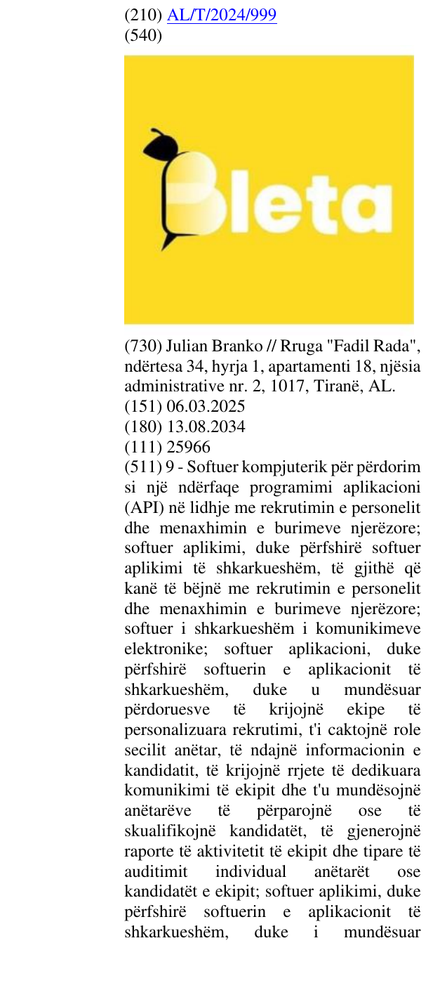 Zëri i markës BLETA në buletin