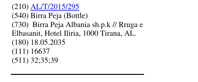 Zëri i markës Birra Peja (Bottle) në buletin