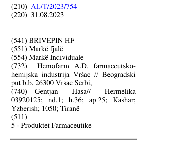 Zëri i markës BRIVEPIN HF në buletin