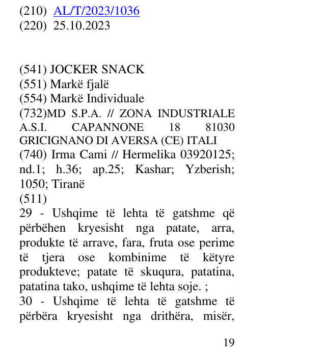 Zëri i markës JOCKER SNACK në buletin