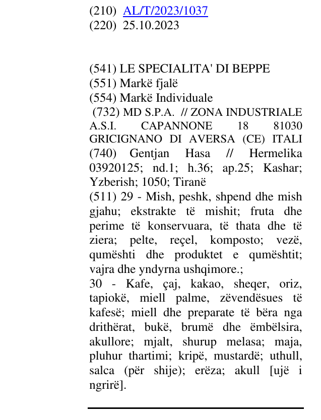 Zëri i markës LE SPECIALITA' DI BEPPE në buletin