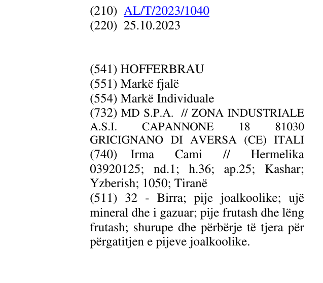 Zëri i markës HOFFERBRAU në buletin
