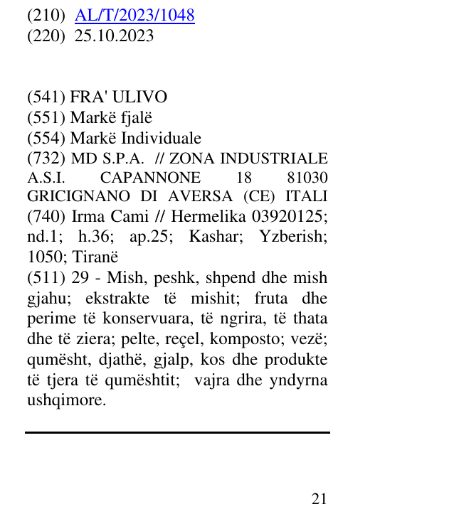 Zëri i markës FRA' ULIVO në buletin