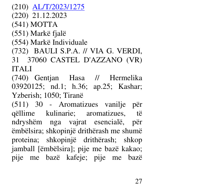 Zëri i markës MOTTA në buletin