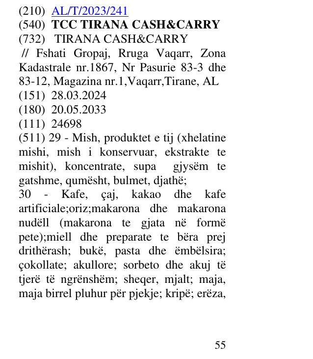 Zëri i markës TCC TIRANA CASH&CARRY në buletin