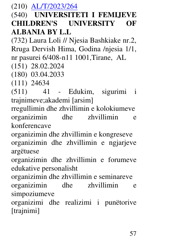 Zëri i markës UNIVERSITETI I FEMIJEVE CHILDREN'S UNIVERSITY OF ALBANIA BY L.L në buletin