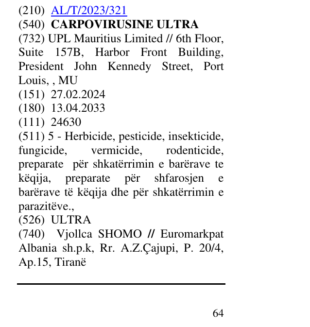 Zëri i markës CARPOVIRUSINE ULTRA në buletin