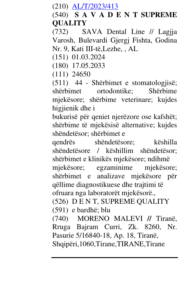 Zëri i markës S A V A D E N T SUPREME QUALITY në buletin