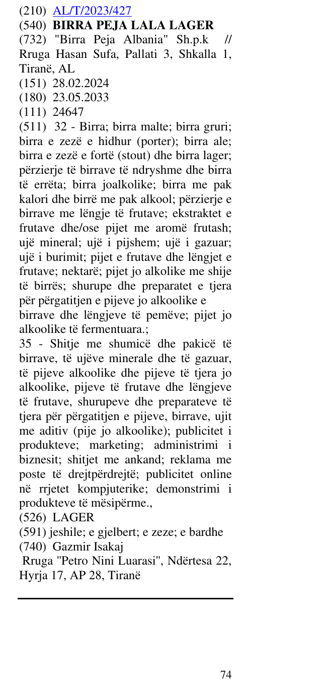 Zëri i markës BIRRA PEJA LALA LAGER në buletin