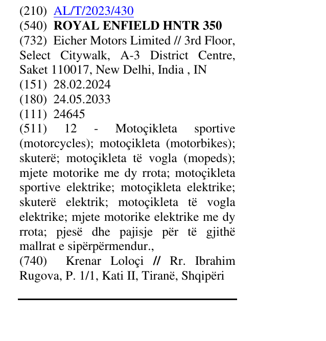 Zëri i markës ROYAL ENFIELD HNTR 350 në buletin