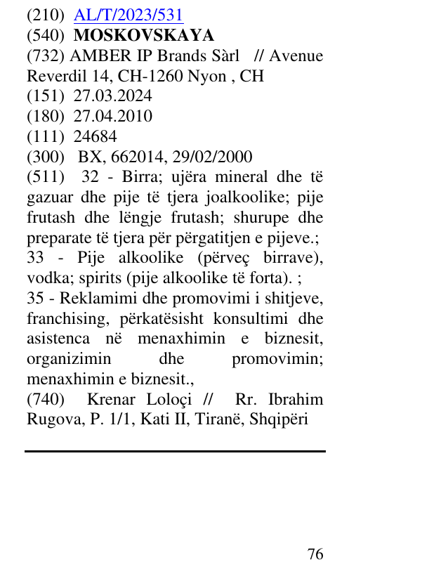 Zëri i markës MOSKOVSKAYA në buletin
