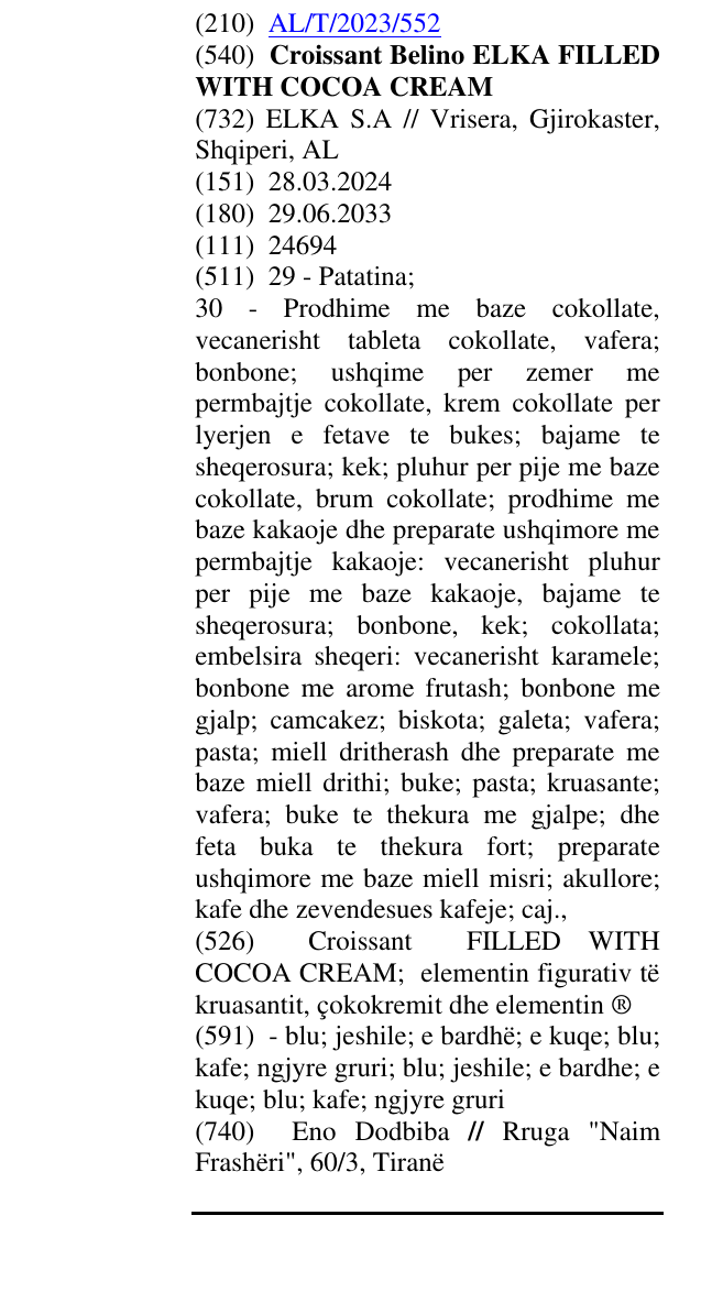 Zëri i markës Croissant Belino ELKA FILLED WITH COCOA CREAM në buletin