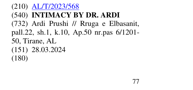 Der Eintrag der Marke INTIMACY BY DR. ARDI im Bulletin