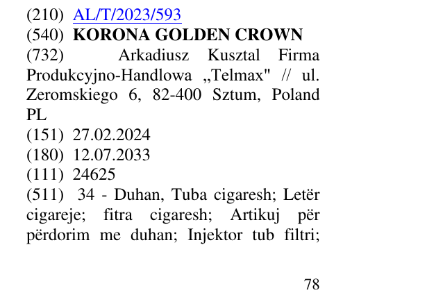 Zëri i markës KORONA GOLDEN CROWN në buletin