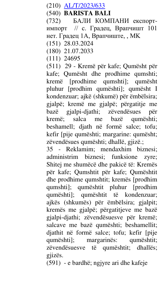 Zëri i markës BARISTA BALI në buletin