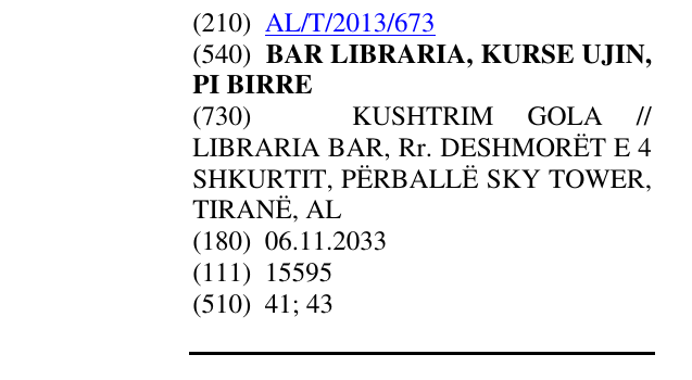 Zëri i markës BAR LIBRARIA, KURSE UJIN, PI BIRRE në buletin