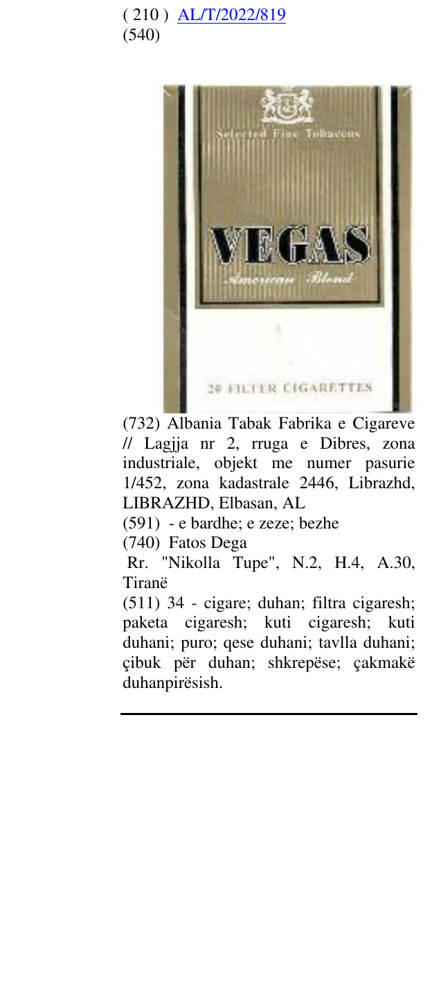 Zëri i markës VEGAS në buletin