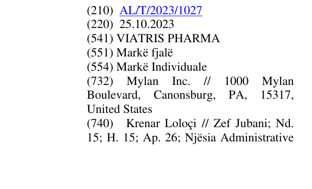 Zëri i markës VIATRIS PHARMA në buletin