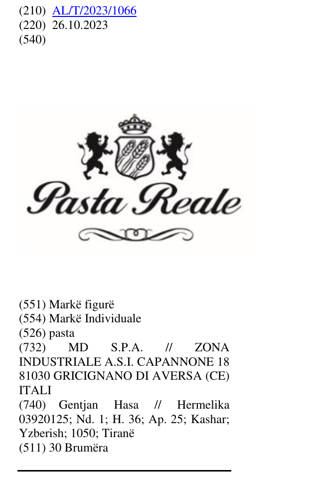Zëri i markës pasta në buletin