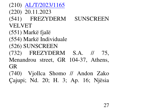Zëri i markës SUNSCREEN në buletin