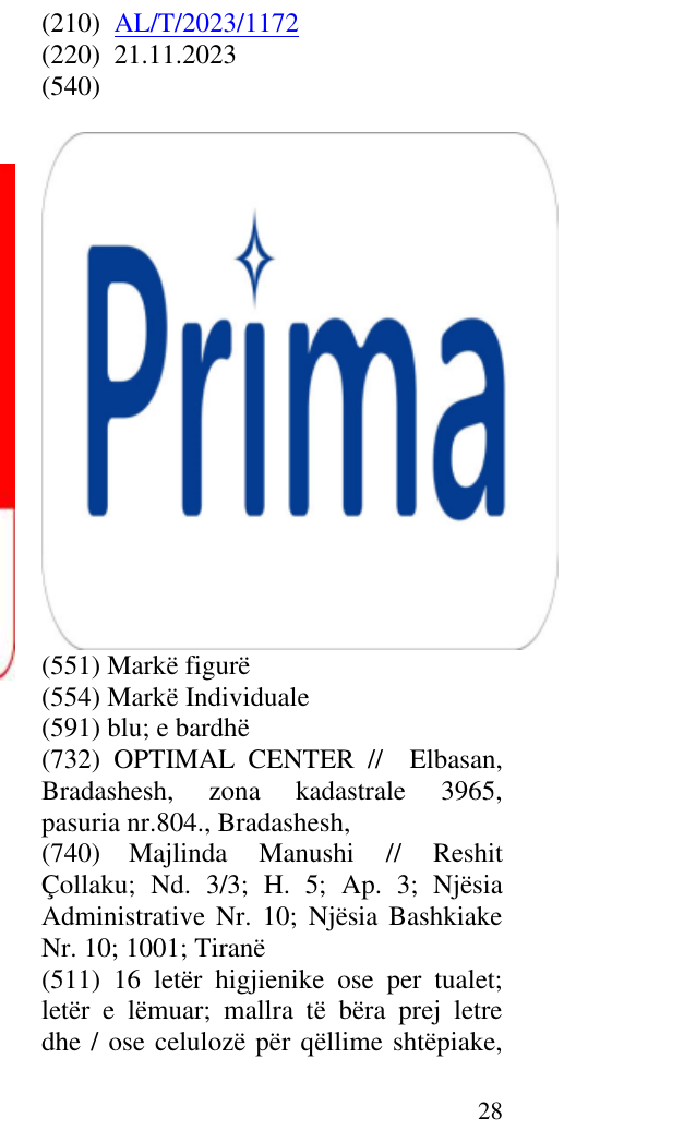 Zëri i markës Prima në buletin