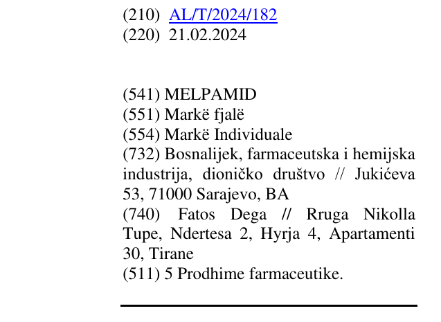 Zëri i markës MELPAMID në buletin