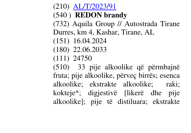 Zëri i markës REDON brandy në buletin