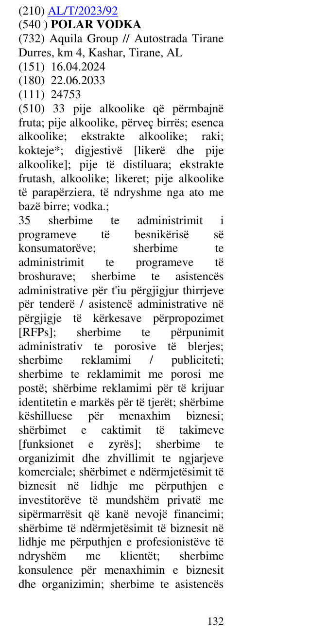 Zëri i markës POLAR VODKA në buletin
