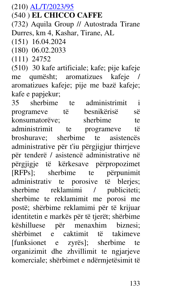 Zëri i markës EL CHICCO CAFFE në buletin