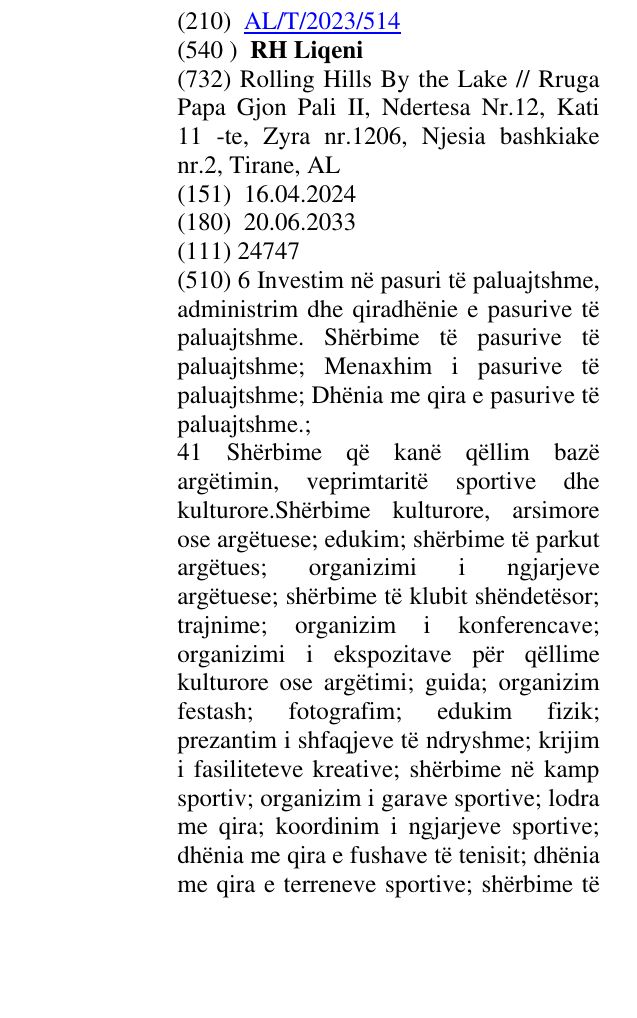 Zëri i markës RH Liqeni në buletin