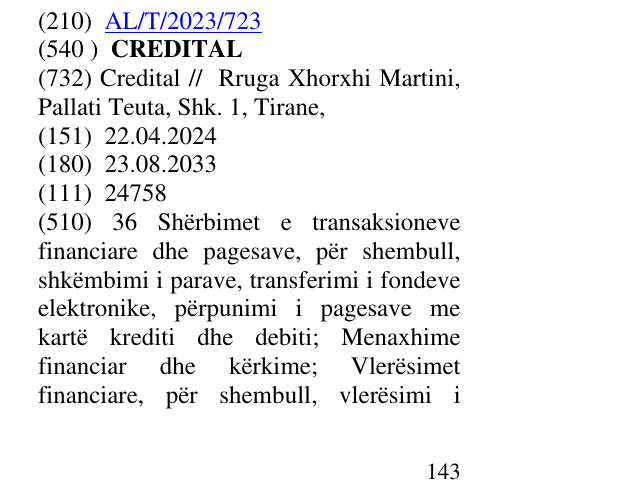 Zëri i markës CREDITAL në buletin
