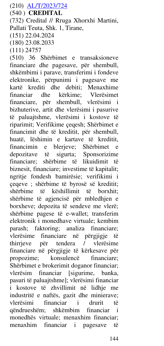 Zëri i markës CREDITAL në buletin