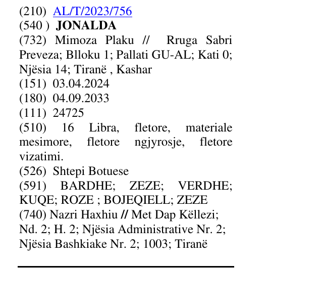 Zëri i markës JONALDA në buletin