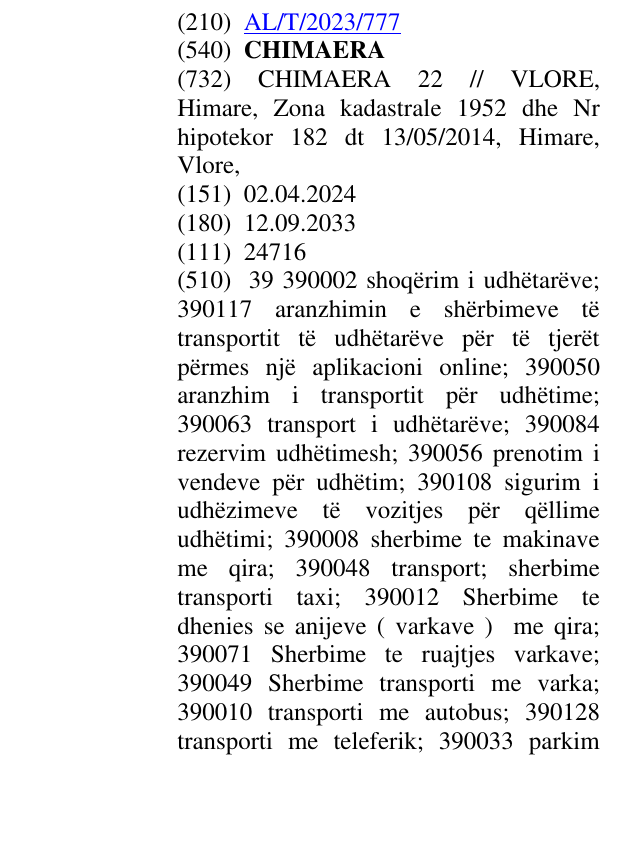 Zëri i markës CHIMAERA në buletin