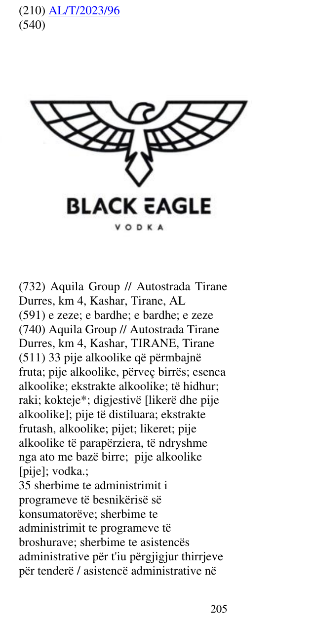 Zëri i markës BLACK EAGLE VODKA në buletin