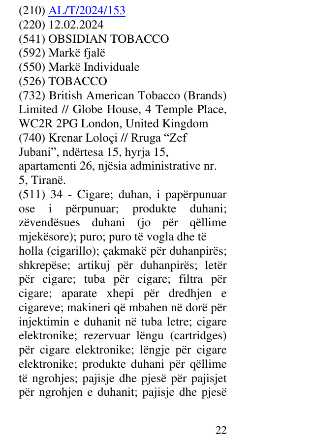 Zëri i markës TOBACCO në buletin