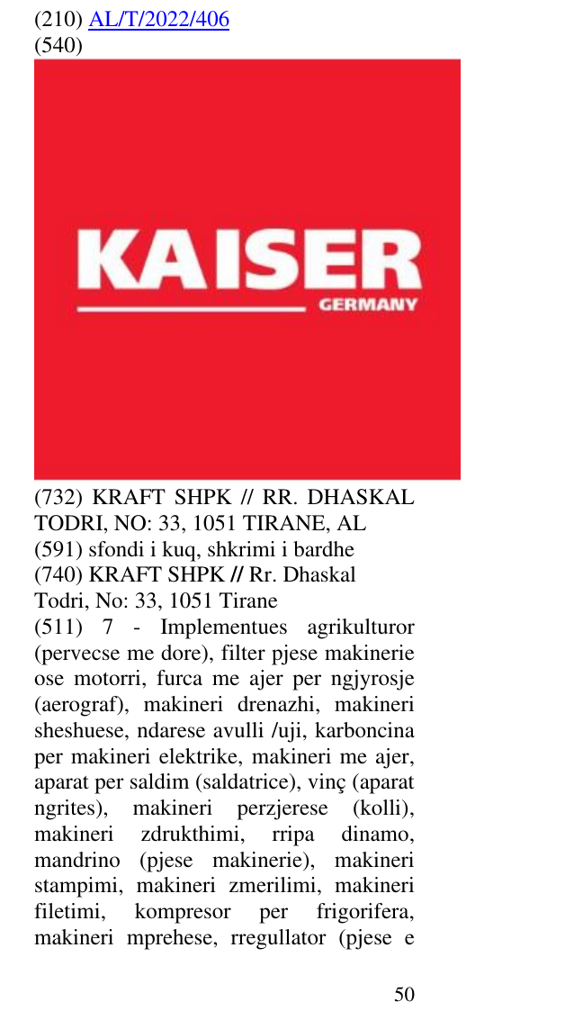 Zëri i markës KAISER GERMANY në buletin