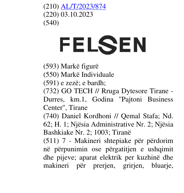 Zëri i markës FELSEN në buletin