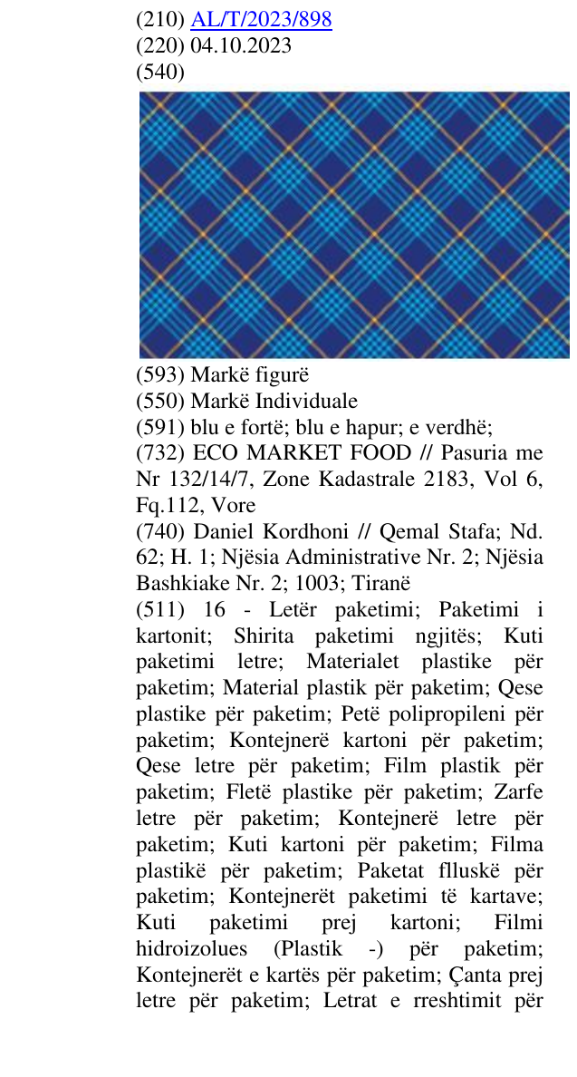 Zëri i markës AL/T/2023/898 në buletin