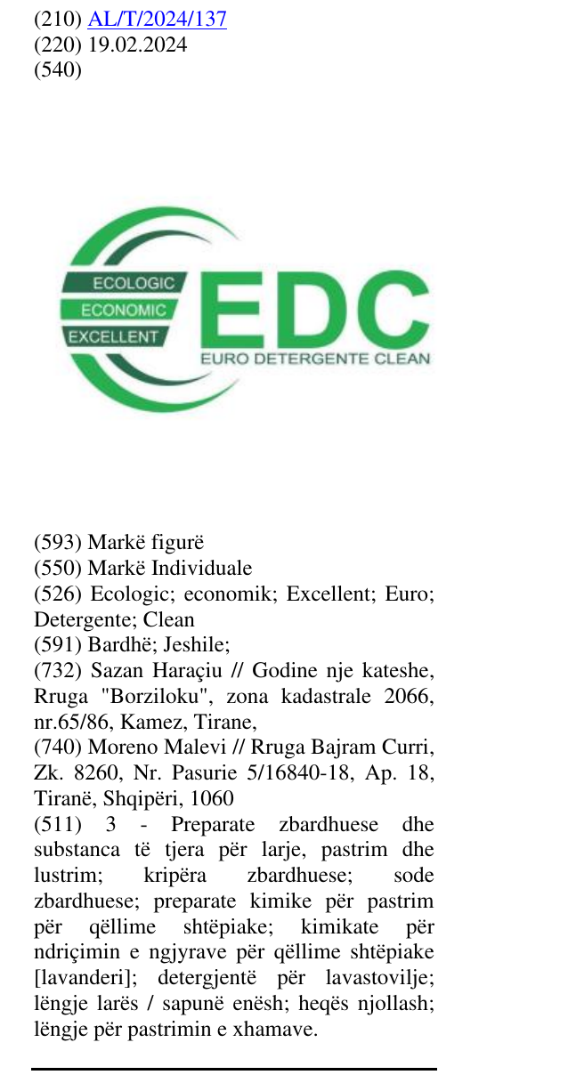 Zëri i markës Ecologic; economik; Excellent; Euro; Detergente; Clean në buletin